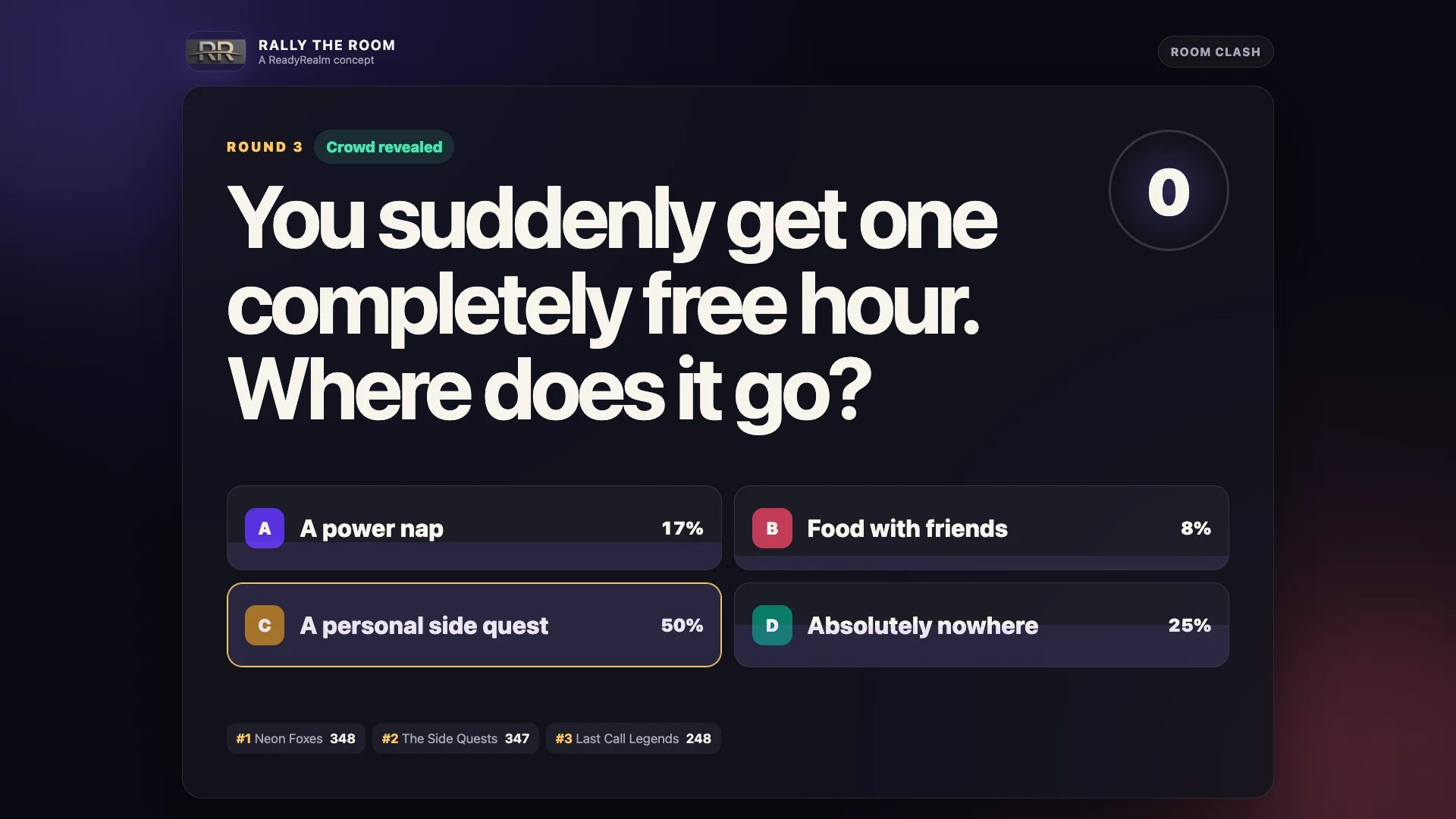Actual Crowd Clash venue screen revealing the crowd vote and team standings in a local demo